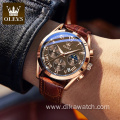 OLEVS Luxury Leather Watch Casual Business Man Quartz Six Needle Rose Gold Chronograph Color Sport Watches Luminous Wristwatch